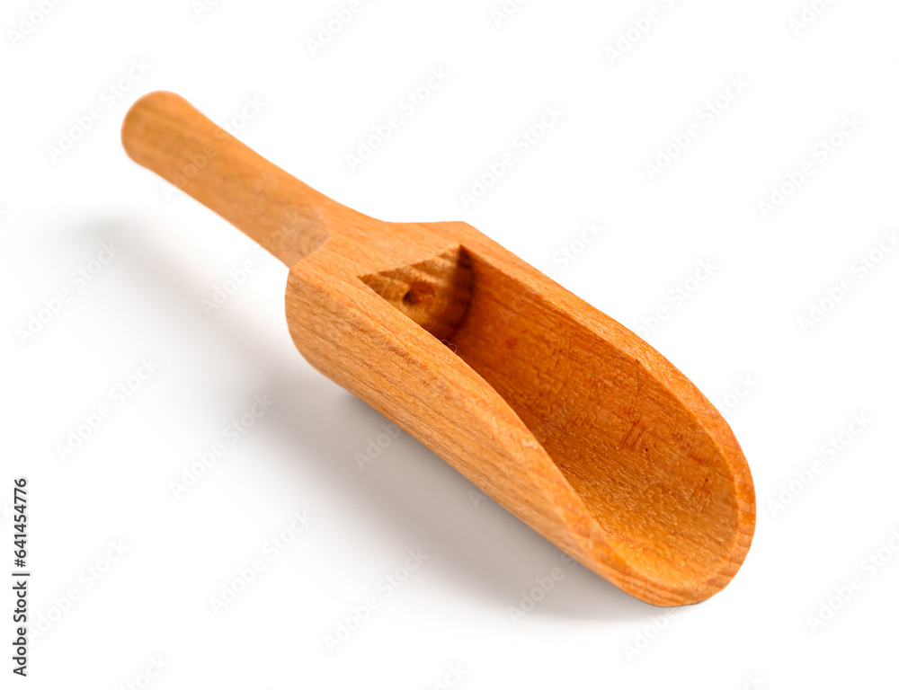 New wooden scoop on white background