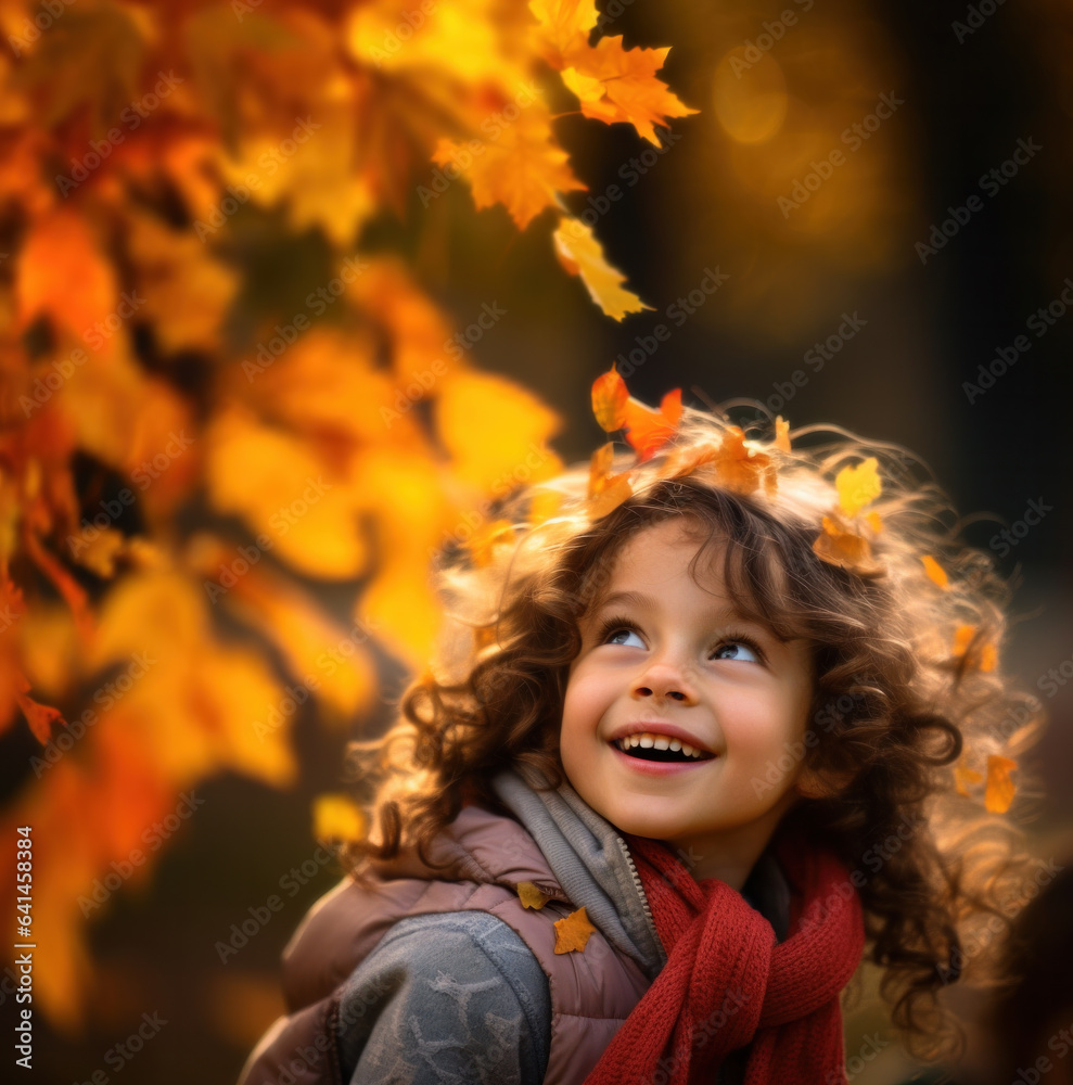 Close up of a 5 year old girl looking up smiling at colorful maple leaves falling to her head in aut