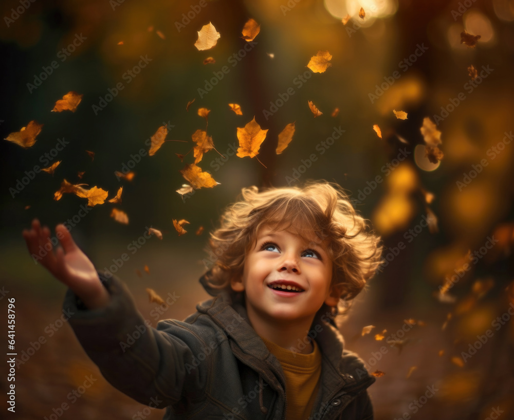 Happy 5 years old boy trying to catch vibrant falling leaves against a blurred backdrop of a colorfu