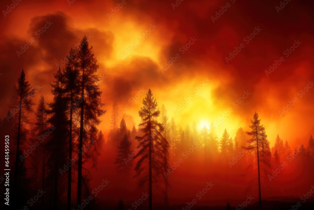 Forest wildfire dramatic landscape with silhouettes of trees and setting sun barely visible through 