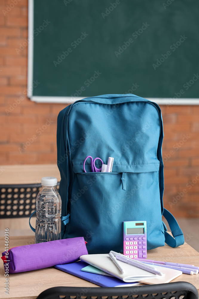 Blue school backpack with stationery and bottle of water on desk in classroom