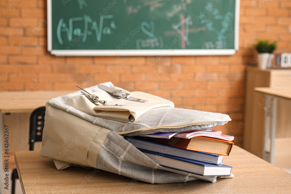 Stylish school backpack with stationery on desk in classroom