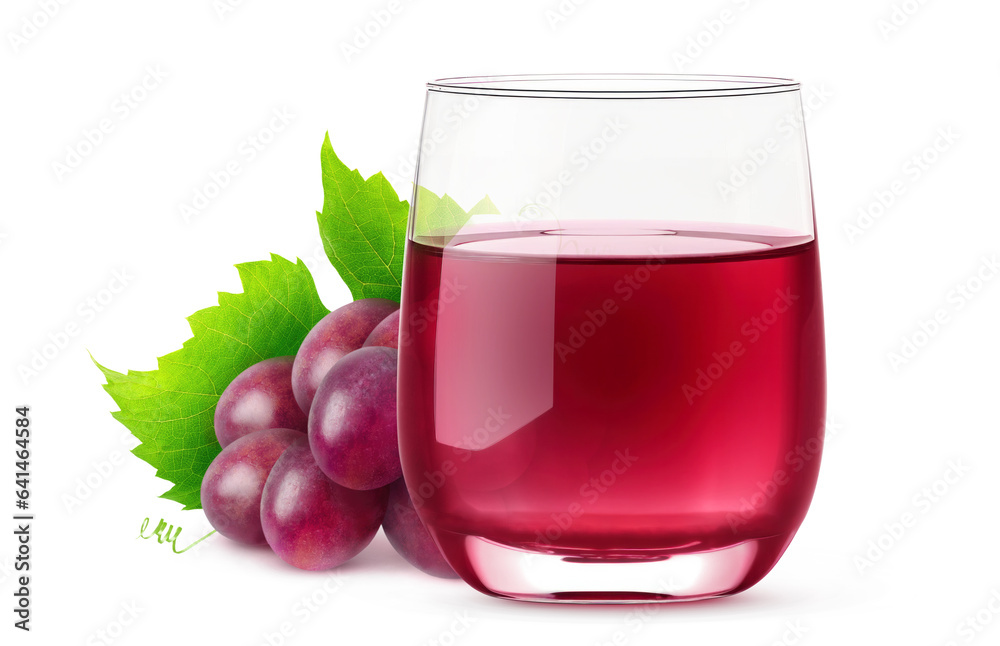 Bunch of red grapes and a glass of grape juice isolated on white