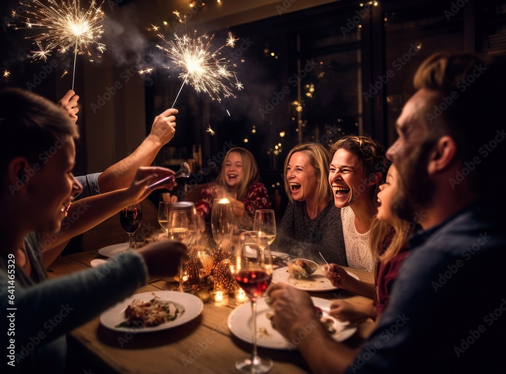 Family toasting and enjoying food with sparklers at dinner