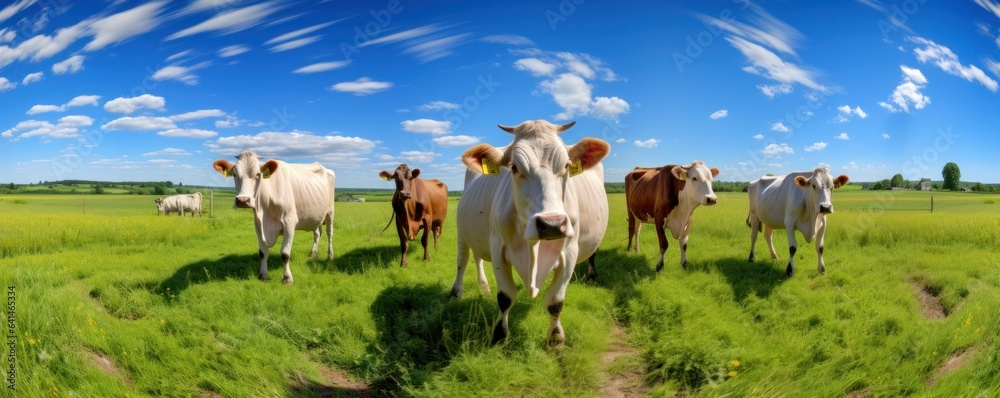 Cows in summer green meadow