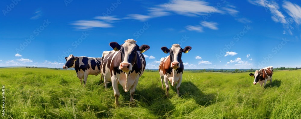 Cows in summer green meadow