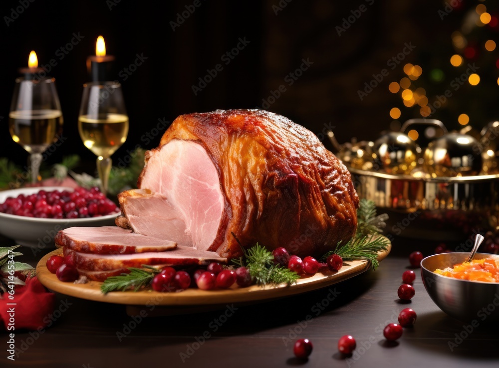 Christmas dinner with roasted ham