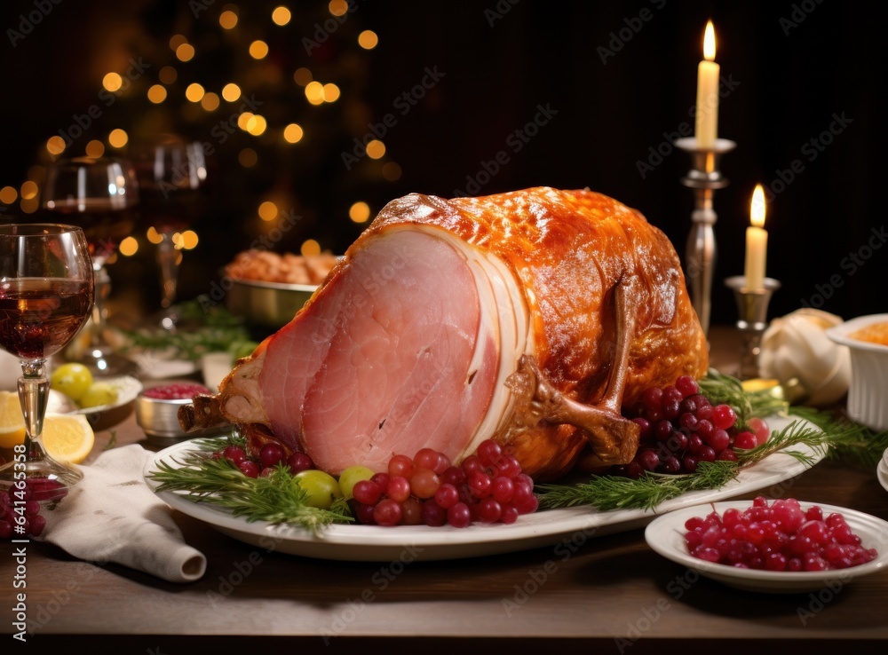 Christmas dinner with roasted ham