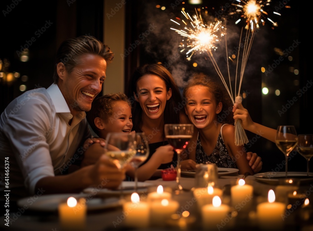 Family toasting and enjoying food with sparklers at dinner