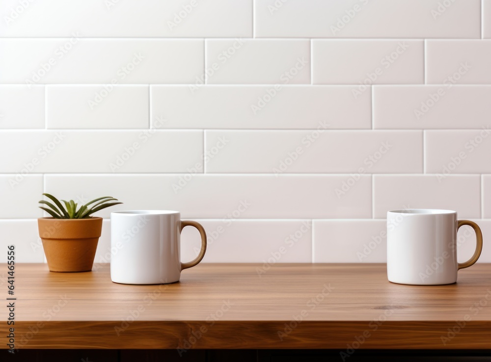 Wooden kitchen table with coffee cups