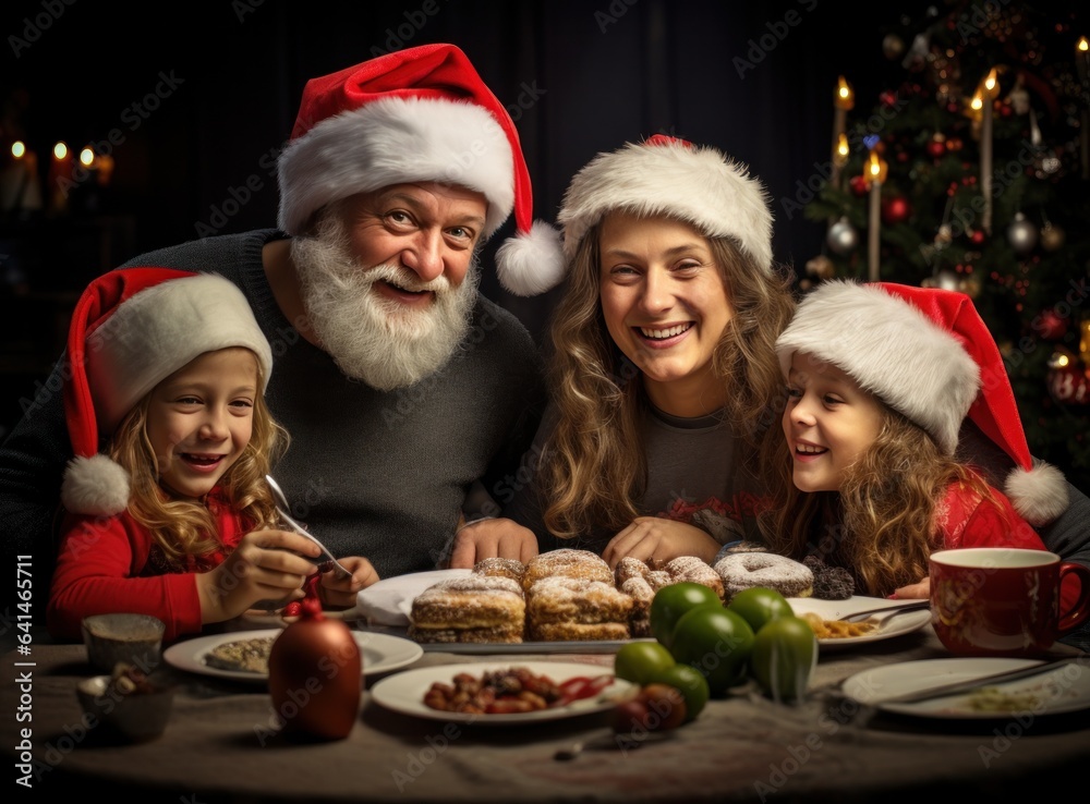 Family with christmas hats eating