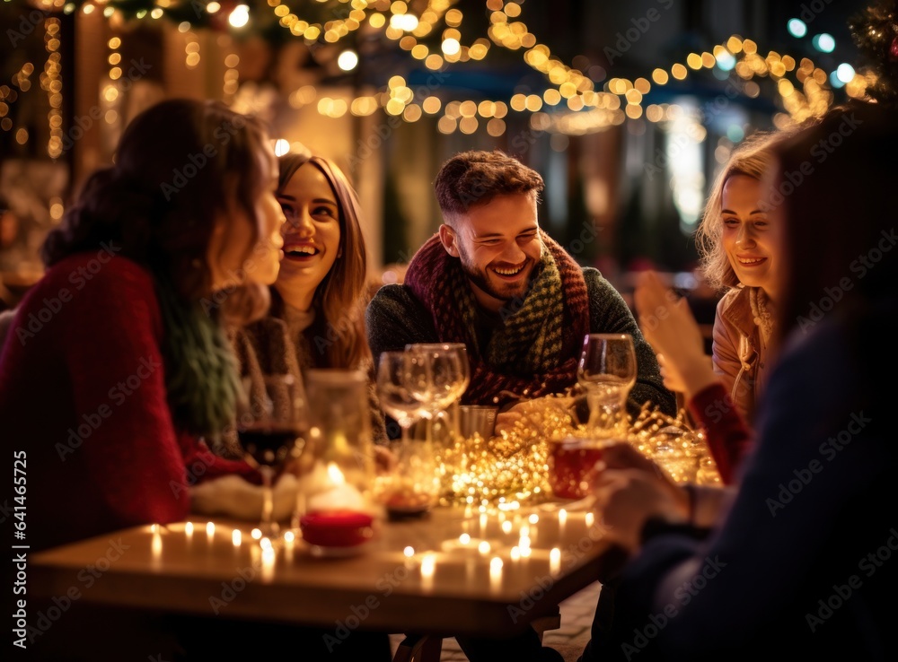 People at a table celebrating christmas with sparkly sparkling lights