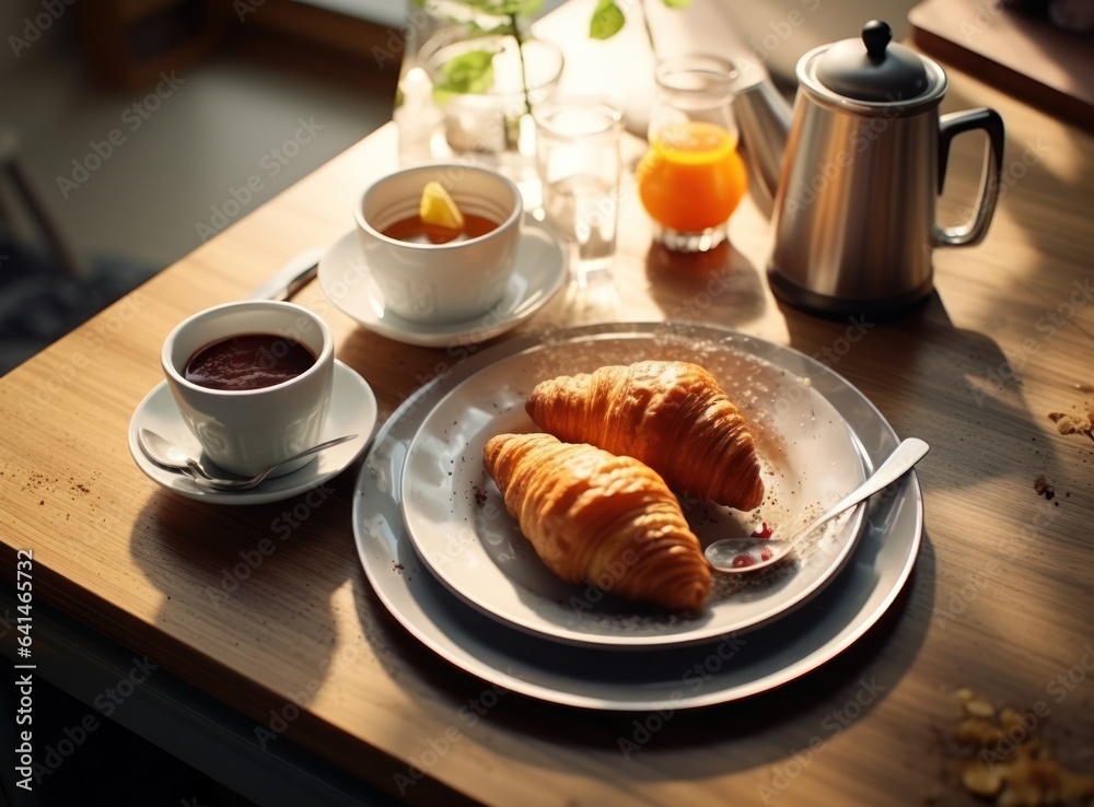 Light breakfast background with croissants