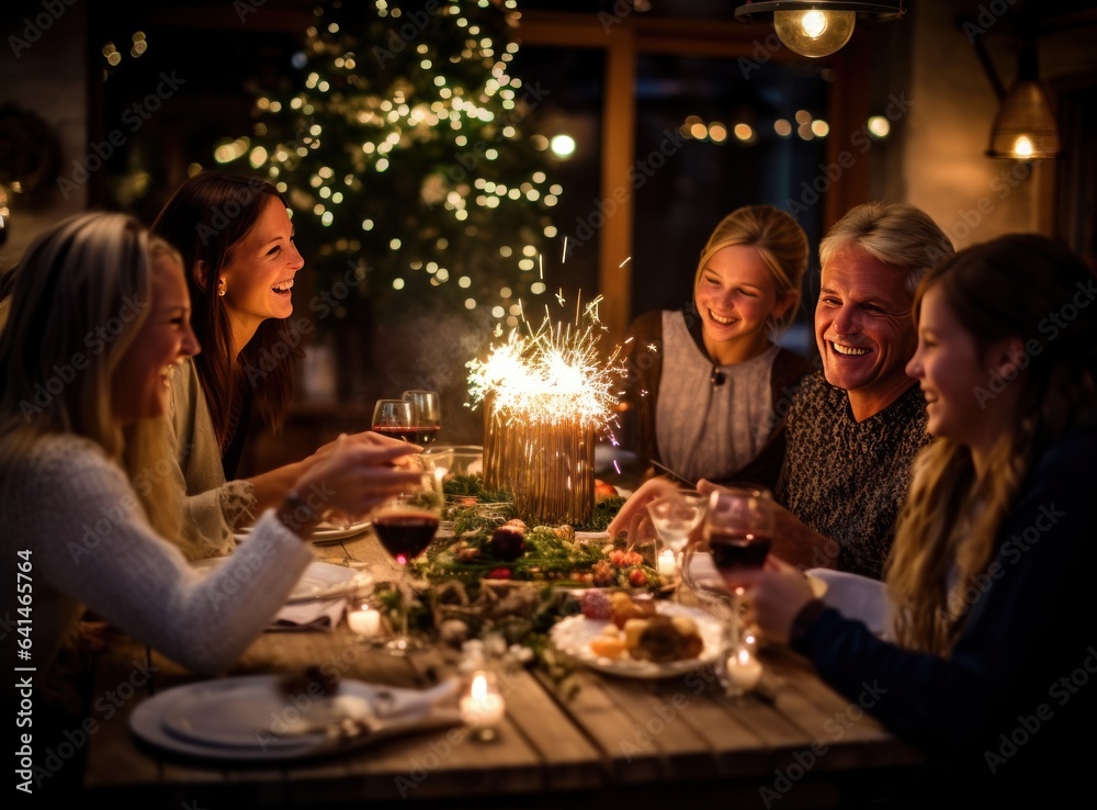 Family toasting and enjoying food with sparklers at dinner