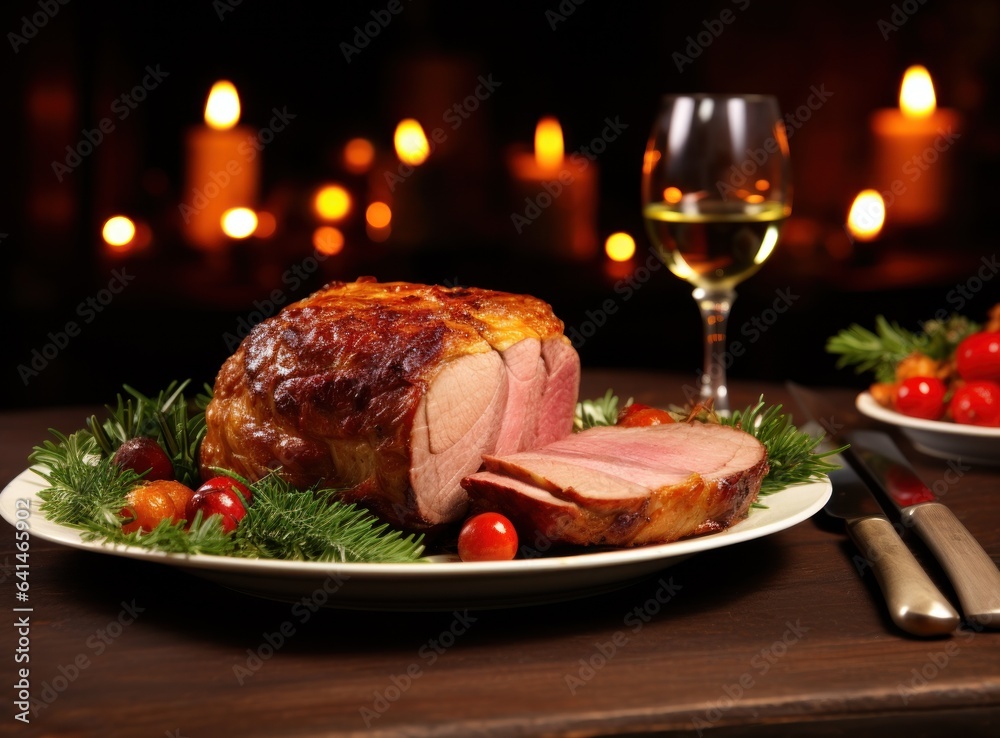 Christmas dinner with roasted ham