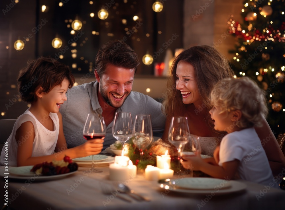 Family toasting and enjoying food with sparklers at dinner