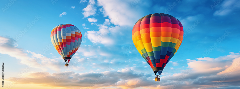 hot air balloons up in the blue sky, in the style of romantic atmosphere, matte photo, colorful moeb