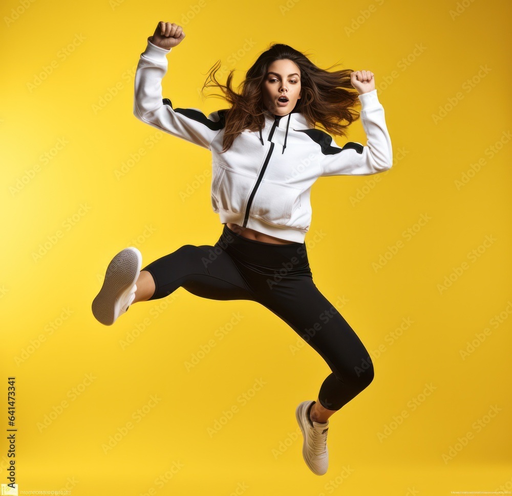 A teenage girl jumping in sports clothing on yellow background