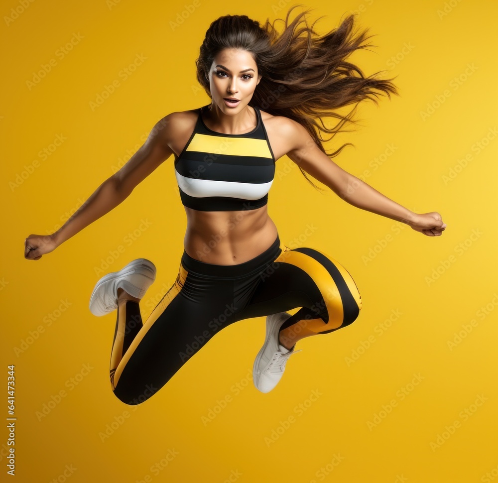 A teenage girl jumping in sports clothing on yellow background