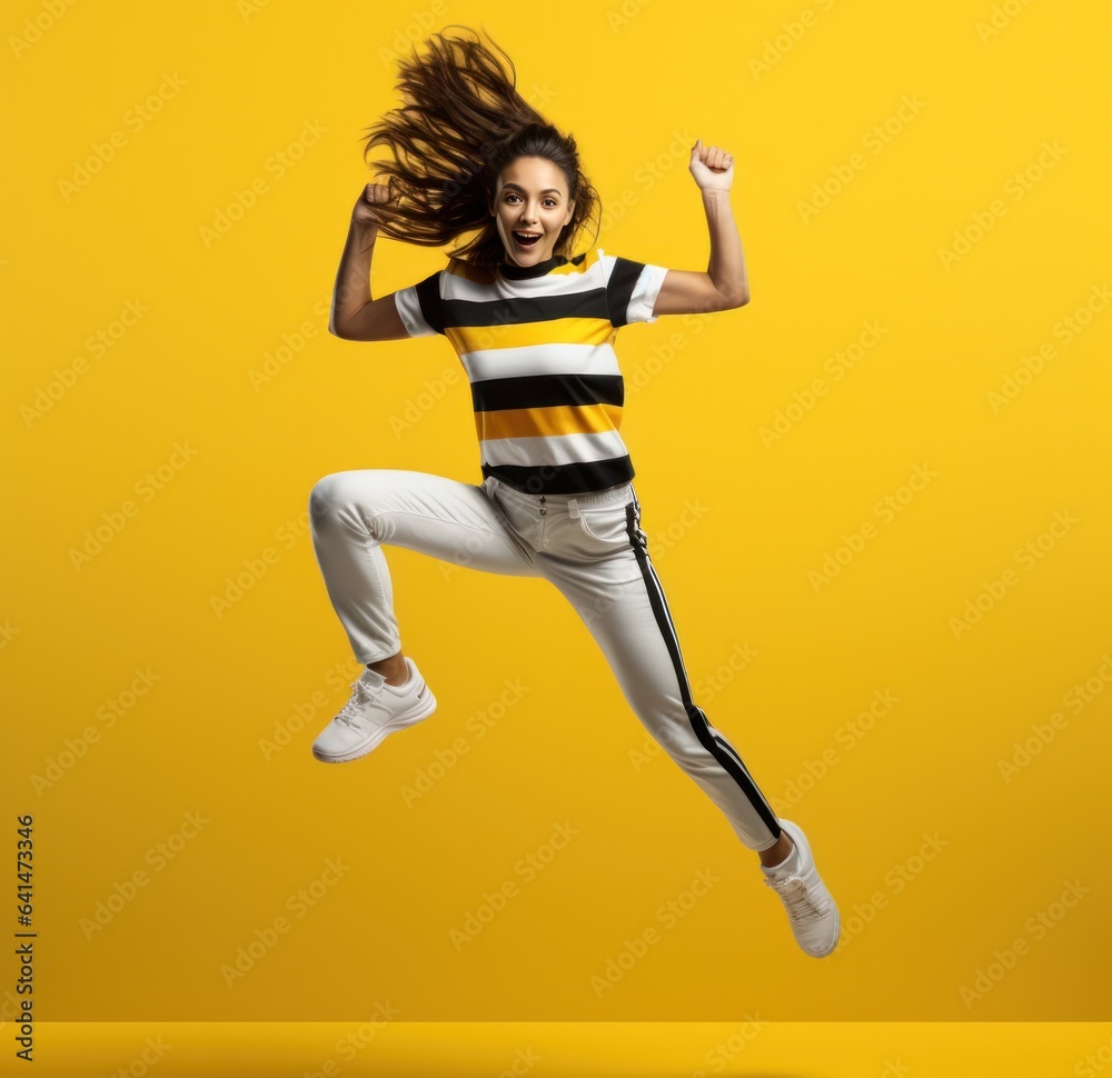 A teenage girl jumping in sports clothing on yellow background