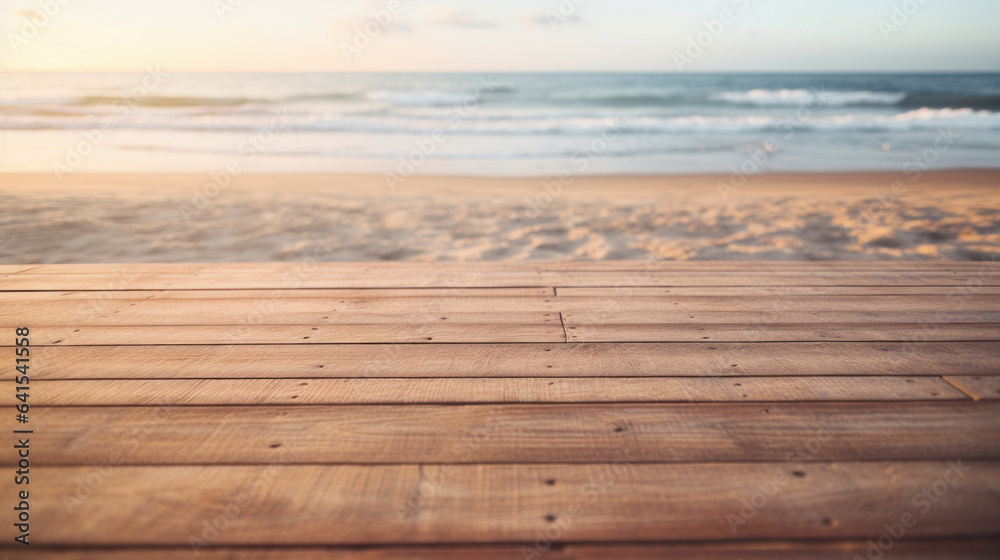 Empty wooden deck with blurred beach for product presentation