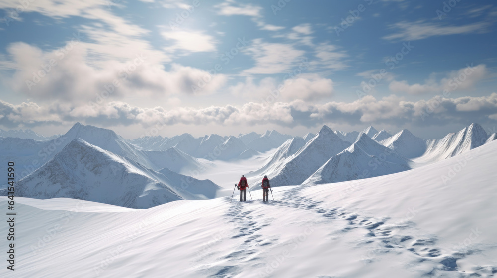 Mountain landscape with snow-covered peaks. Three tourists walking along the valley