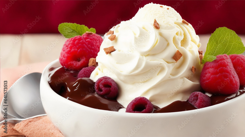 Full shot of gourmet ice cream sundae chocolate and raspberry. G