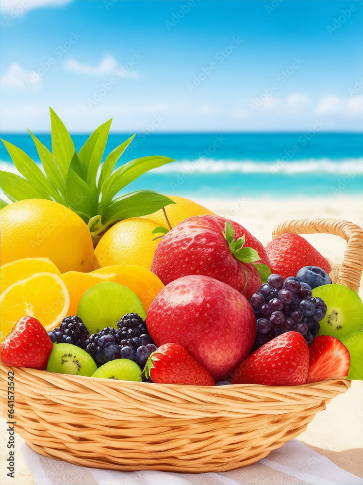 Fresh summer fruit in multi colored basket with beach background