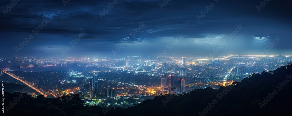 Nightfall charm. urban landscape under starlit sky. Twinkling city dreams. Skyline illuminations at 