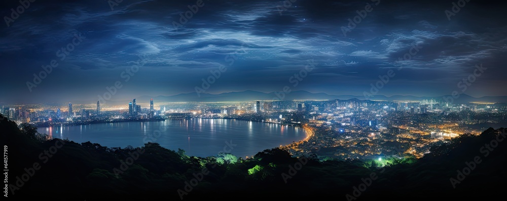 Nightfall charm. urban landscape under starlit sky. Twinkling city dreams. Skyline illuminations at 