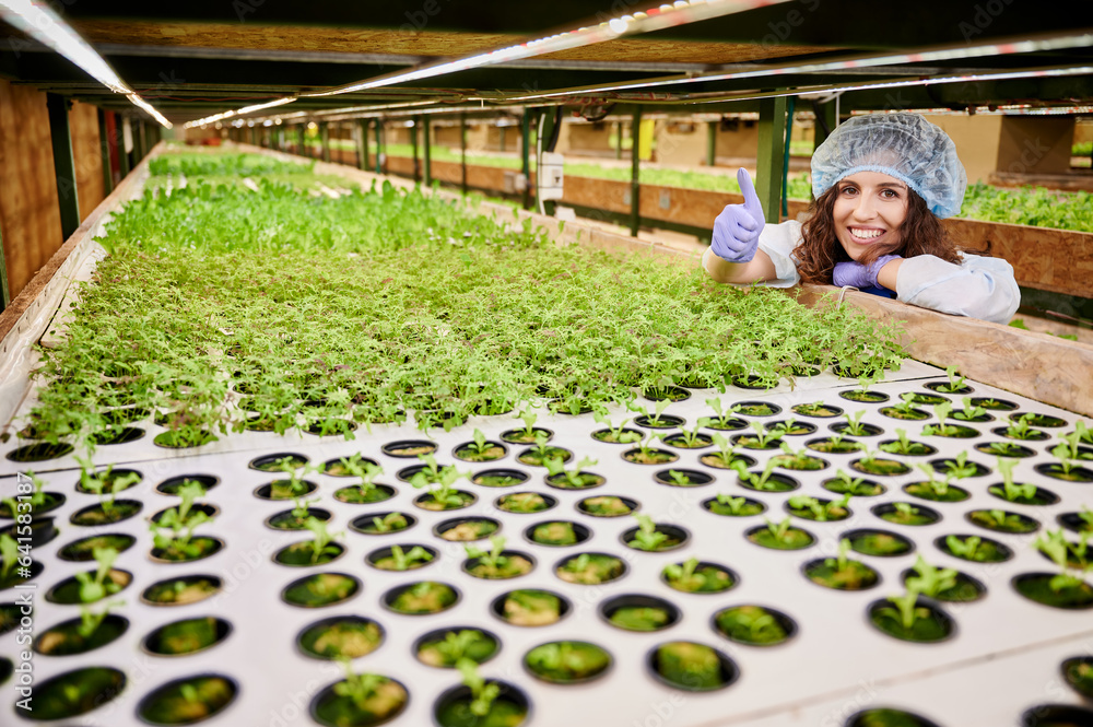 Joyful female gardener showing approval gesture and smiling while leaning on shelf with plant seedli