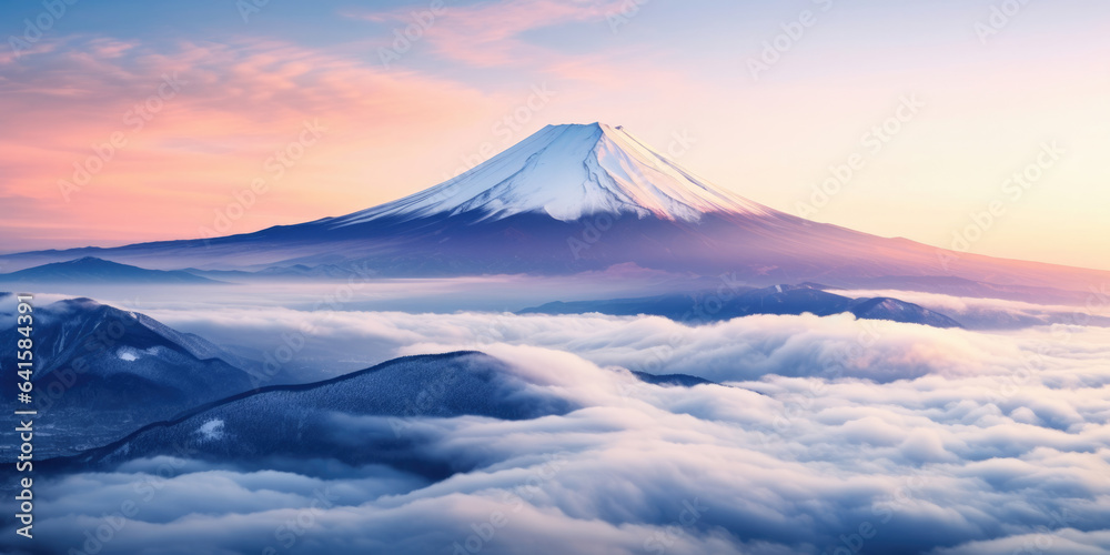 Aerial Panorama Landscape of Fuji Mountain. Iconic and Symbolic Mountain of Japan. Scenic Sunset Lan