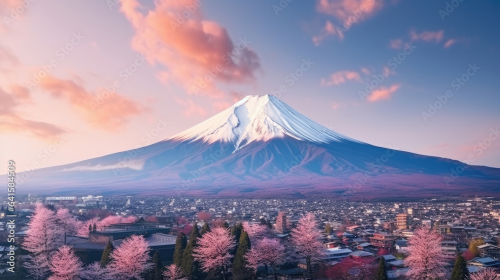 Aerial Panorama Landscape of Fuji Mountain. Iconic and Symbolic Mountain of Japan. Scenic Sunset Lan