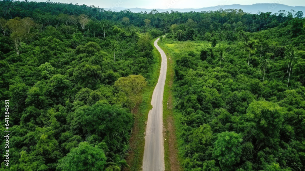 Aerial top view rural road in the forest, dirt road or mud road and rain forest, Aerial view road in