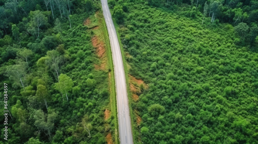 Aerial top view rural road in the forest, dirt road or mud road and rain forest, Aerial view road in