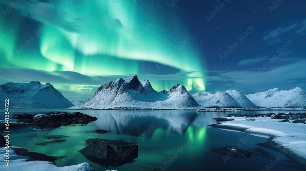 Aurora borealis over the sea, snowy mountains and city lights at night. Northern lights in Lofoten i