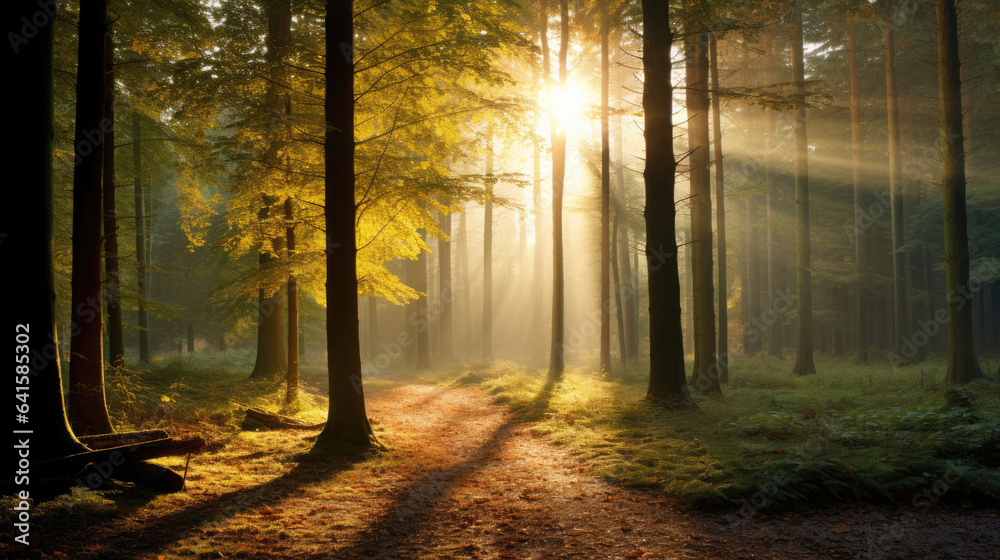 Panoramic Background Image of Beautiful Sunny Forest in Autumn with Sunbeams through Fog