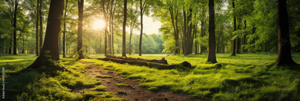 Beautiful forest panorama with large trees and bright sun