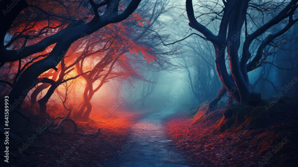 Fairy forest in fog. Fall woods. Enchanted autumn forest in fog in the morning. Old Tree. Landscape 