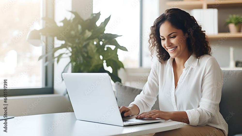 Young beautiful happy woman working remote at home using laptop sitting at table, Smiling female fre