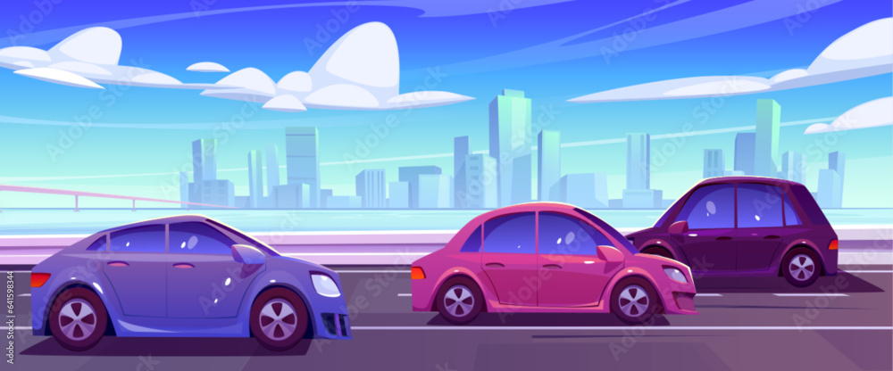 City road street and car traffic vector background. Skyscraper cityscape cartoon panorama with cloud