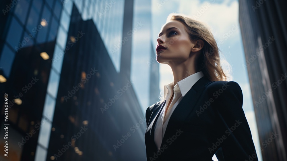 A professional woman standing confidently in a cityscape