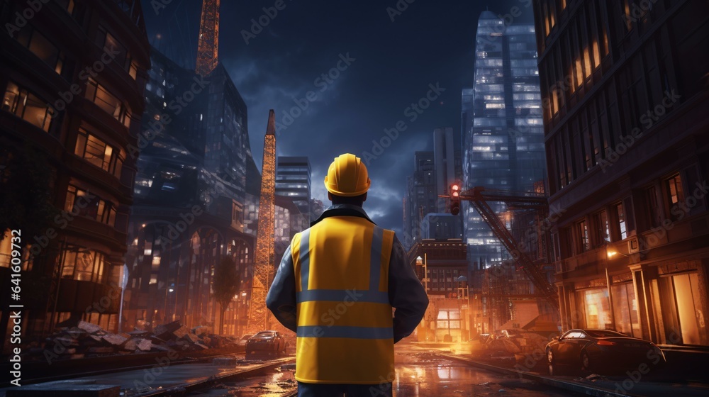 A man in a yellow safety vest standing on a city street at night