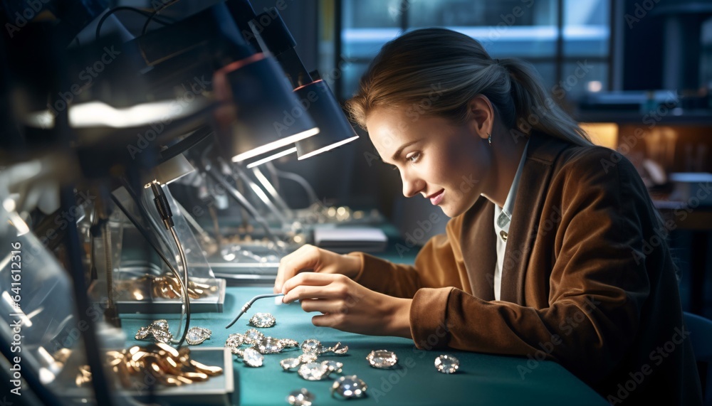 Photo of a woman crafting jewelry at a worktable