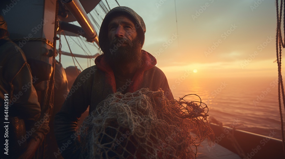 Photo of a man standing on a boat holding a ne