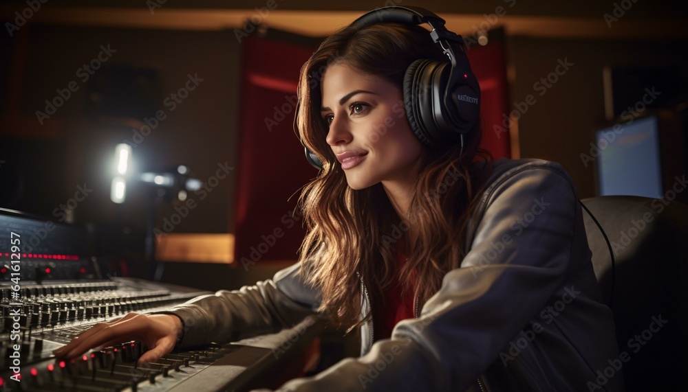 A woman at a mixing desk wearing headphones