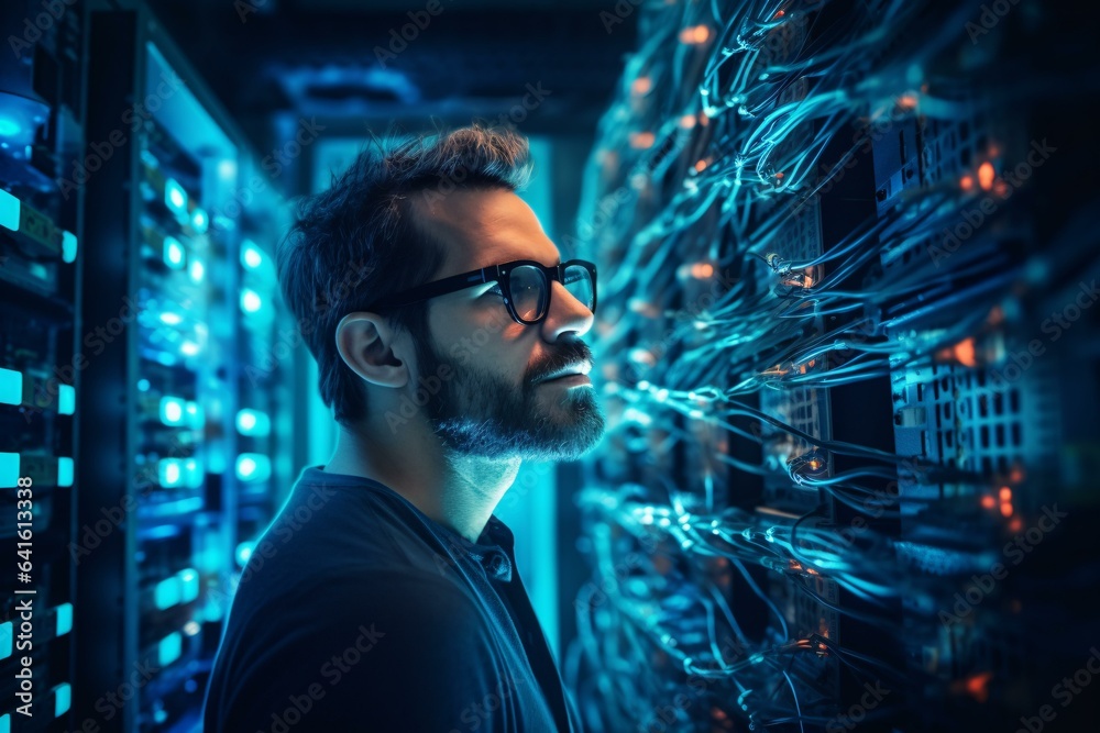 A man standing in a server room