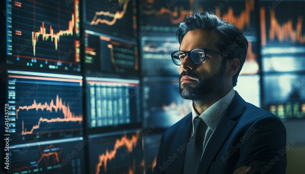 A businessman analyzing financial data on a graph-filled wall