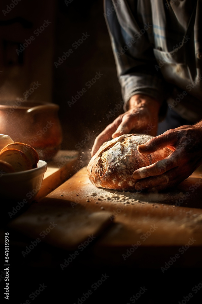 Bakerman holding bread on a rustic wooden board. Created with generative AI technology.