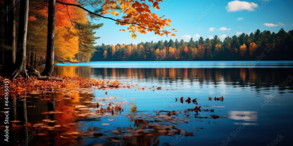 Autumn landscape. Fiery shades of autumn foliage and the cool deep blue of the lake.